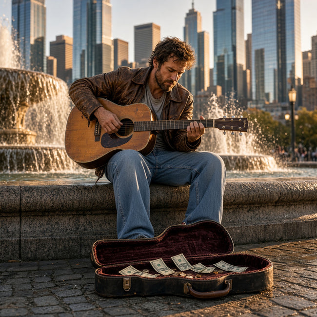 Street musician playing guitar at the Chicago fountain with an open guitar case of tips, wearing sun-fade raw hem denim jeans — Catch Phrase Poet