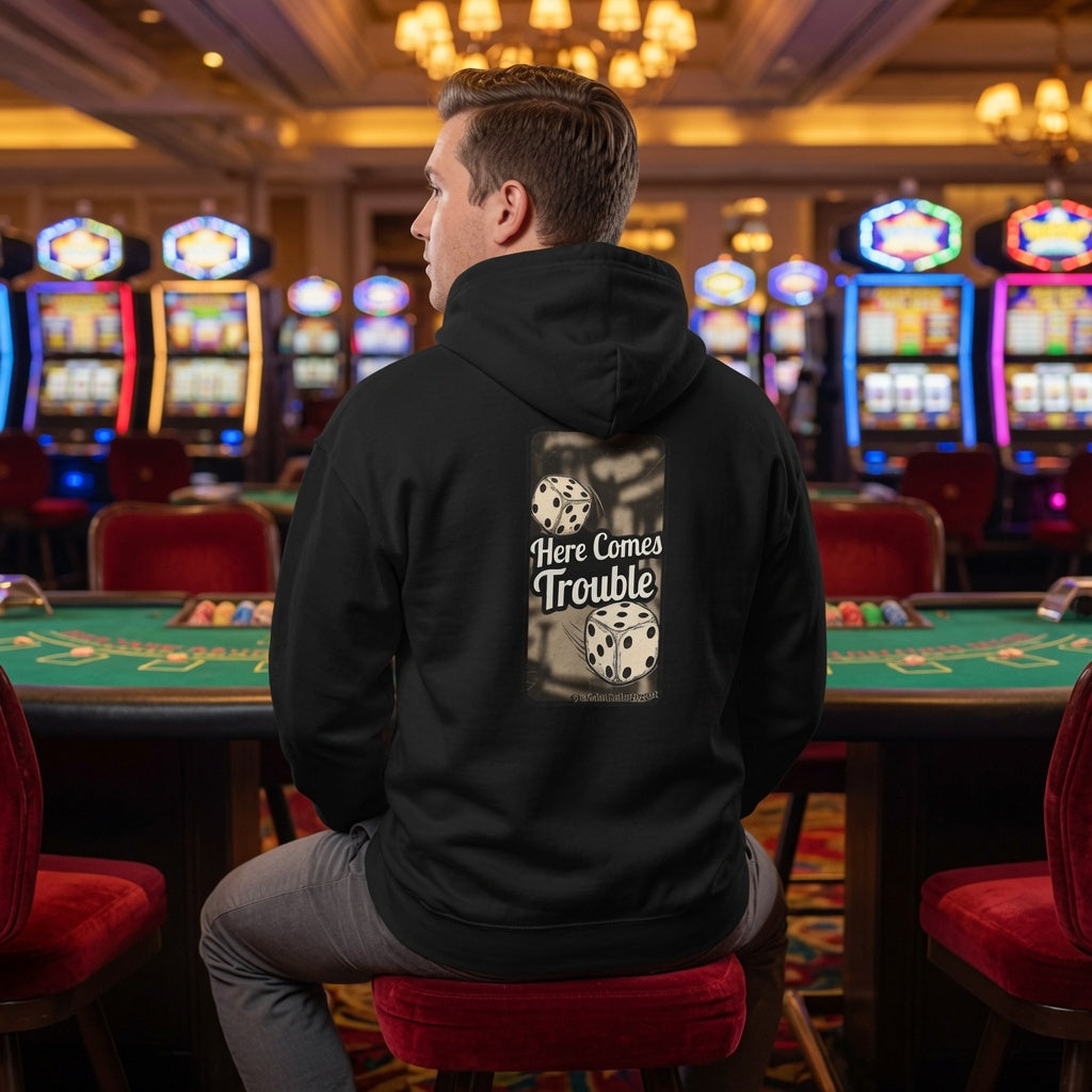 Here Comes Trouble Hoodie — Vintage Dice Graphic Pullover