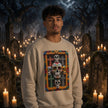 Young man at a candlelit séance wearing the colorful Día de los Muertos sugar skull crewneck sweatshirt — Catch Phrase Poet