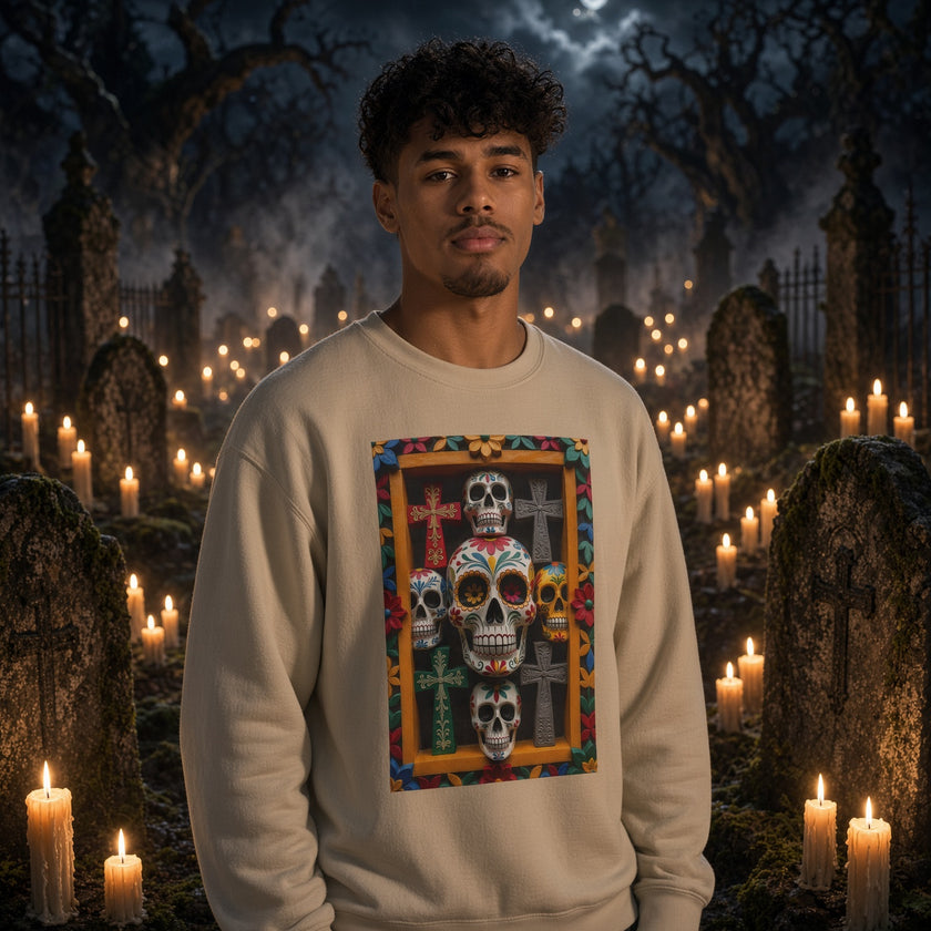 Young man at a candlelit séance wearing the colorful Día de los Muertos sugar skull crewneck sweatshirt — Catch Phrase Poet