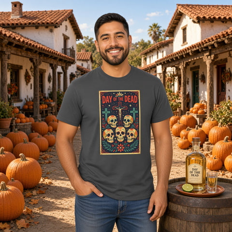 Man at a pumpkin patch wearing the colorful Día de los Muertos sugar skull heavy cotton t-shirt — Catch Phrase Poet