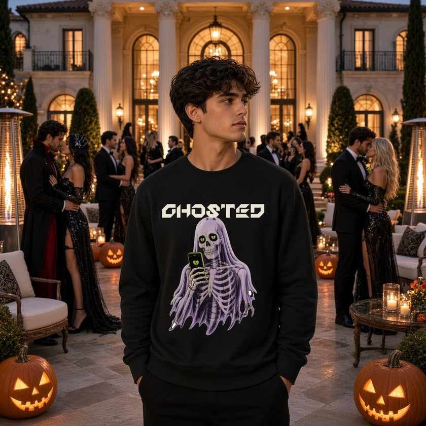 Man alone in a crowd of couples at a Beverly Hills mansion party wearing the black Ghosted statement sweatshirt — Catch Phrase Poet