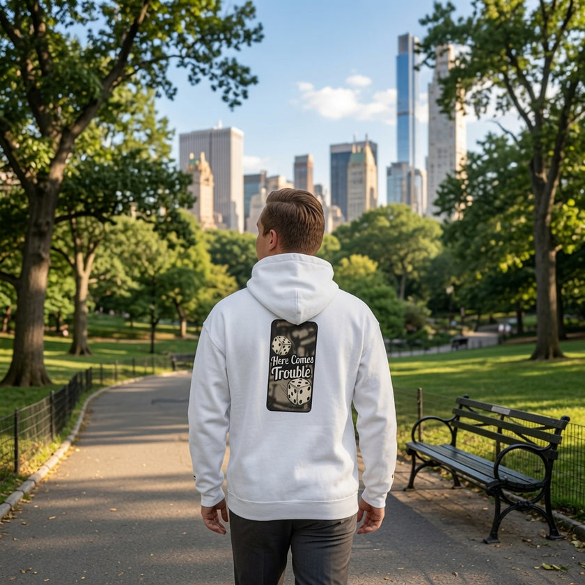 Here Comes Trouble Hoodie — Vintage Dice Graphic Pullover