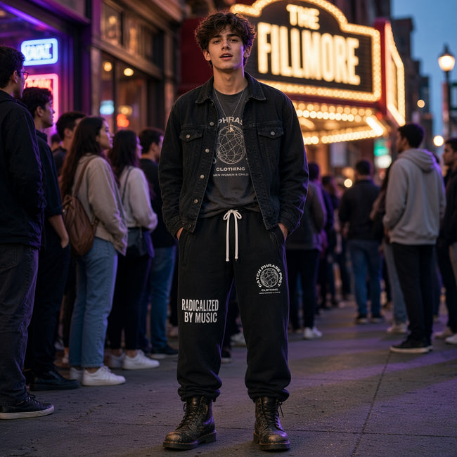 Young man waiting for a show outside the Fillmore wearing black Radicalized by Music fleece jogger sweatpants — Catch Phrase Poet
