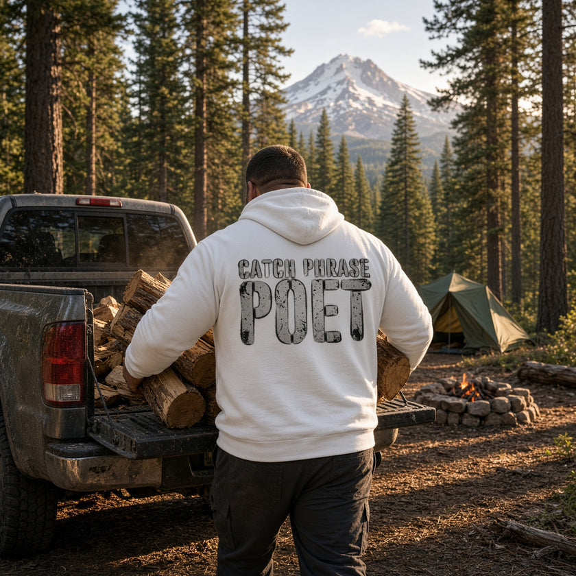 Catch Phrase Poet signature hoodie detail, distressed logo print — Catch Phrase Poet