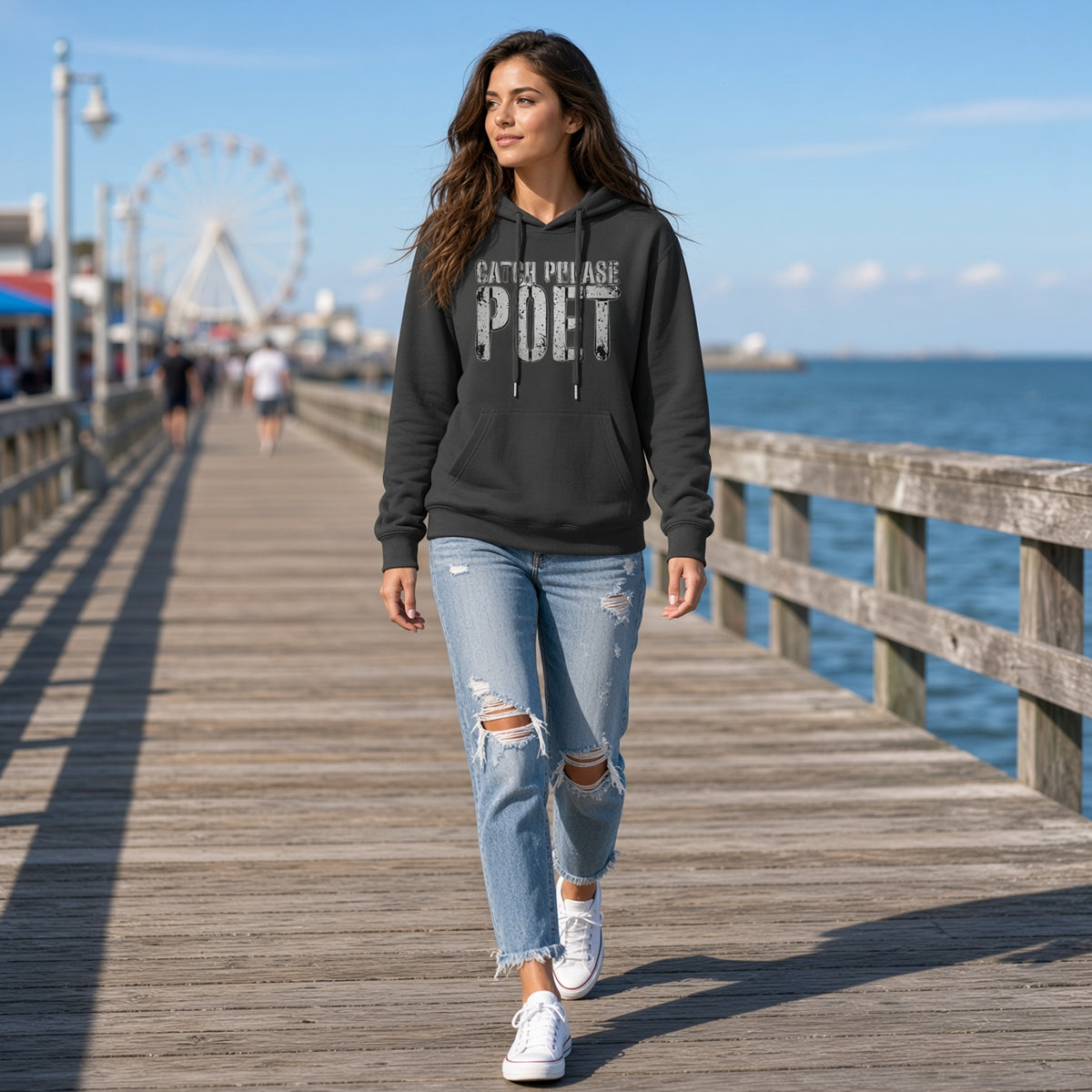 Catch Phrase Poet branded hoodie front view, oversized drop-shoulder fit — Catch Phrase Poet
