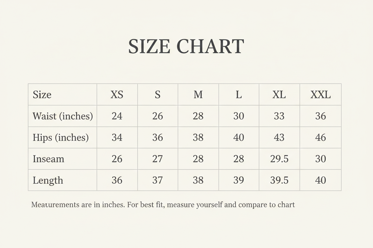 Clothing size chart with waist, hips, inseam, and length in inches for XS to XXL.