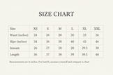 Clothing size chart with waist, hips, inseam, and length in inches for XS to XXL.