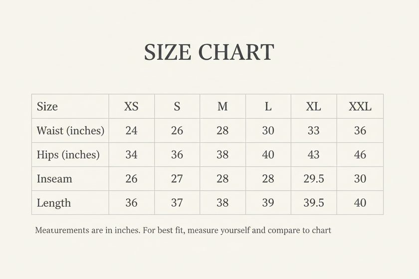 Clothing size chart with waist, hips, inseam, and length in inches for XS to XXL.