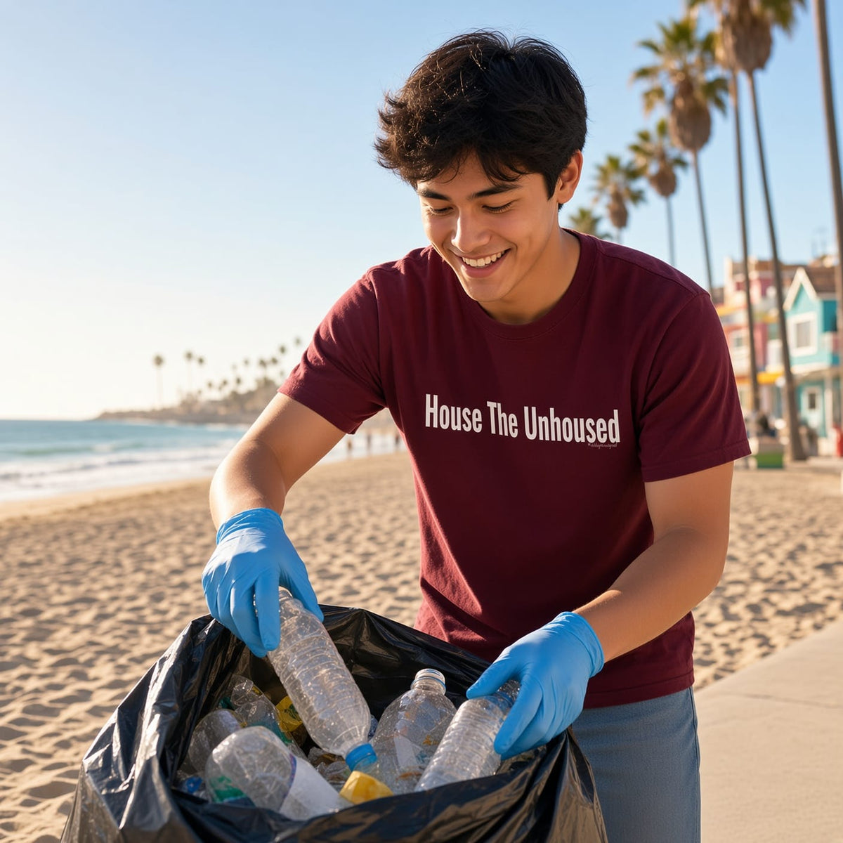 Young man in burgundy House the Unhoused t-shirt picking up trash on Venice Beach