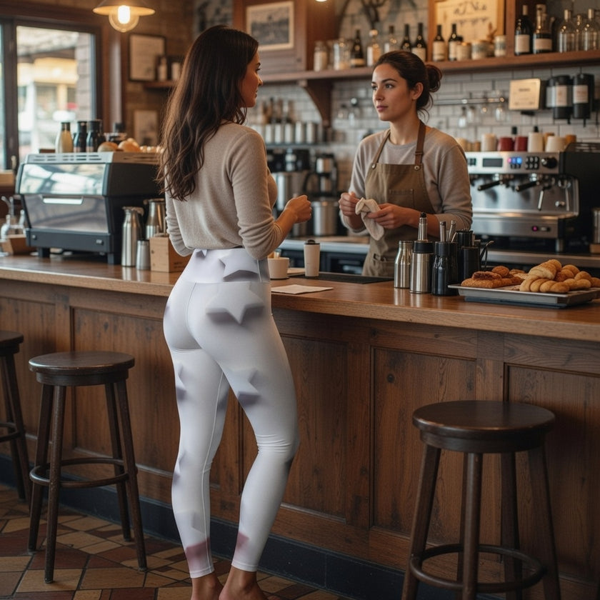 Woman in printed leggings and beige sweater ordering coffee at a cozy café counter.