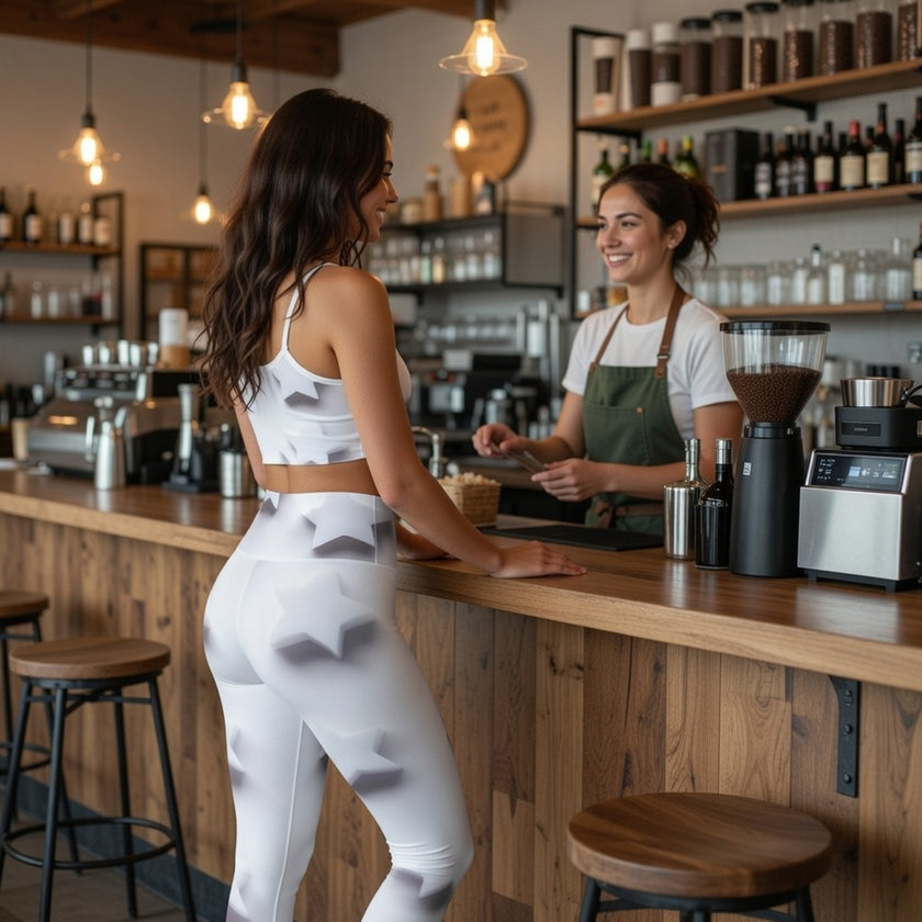 Woman in star print activewear at coffee shop counter talking to barista