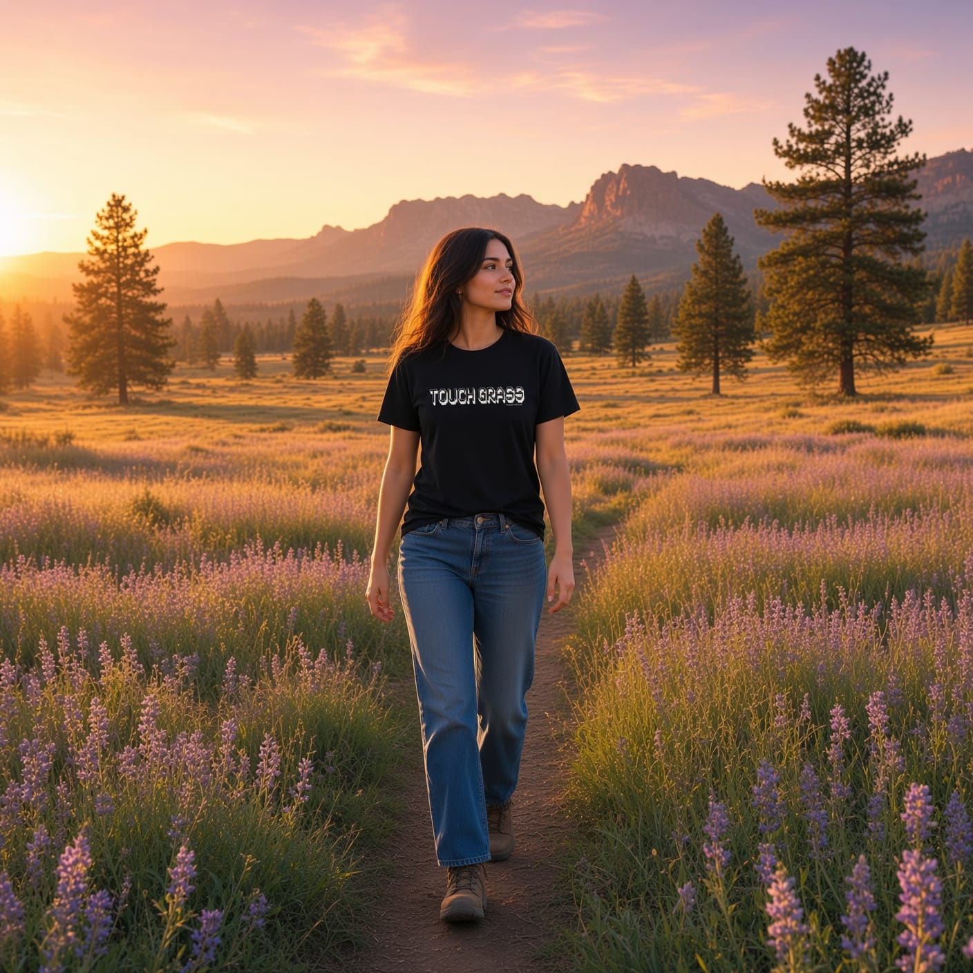 Woman in a field wearing the Touch Grass black t-shirt