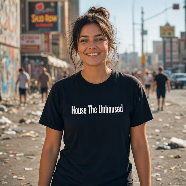 Man wearing House the Unhoused statement t-shirt