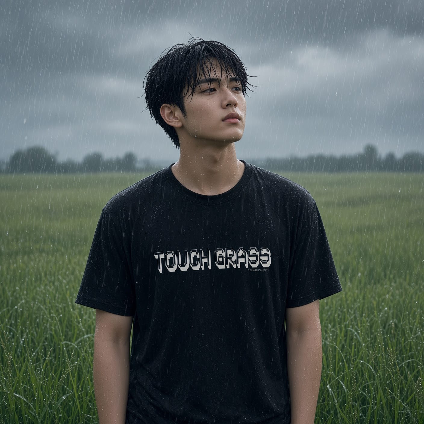 Man in grass looking off into the distance wearing the Touch Grass black t-shirt