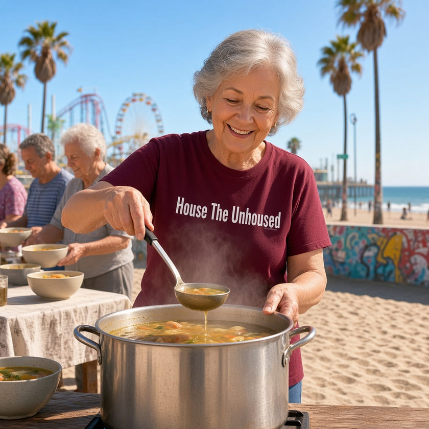 Older woman wearing House the Unhoused t-shirt while serving food at a soup line