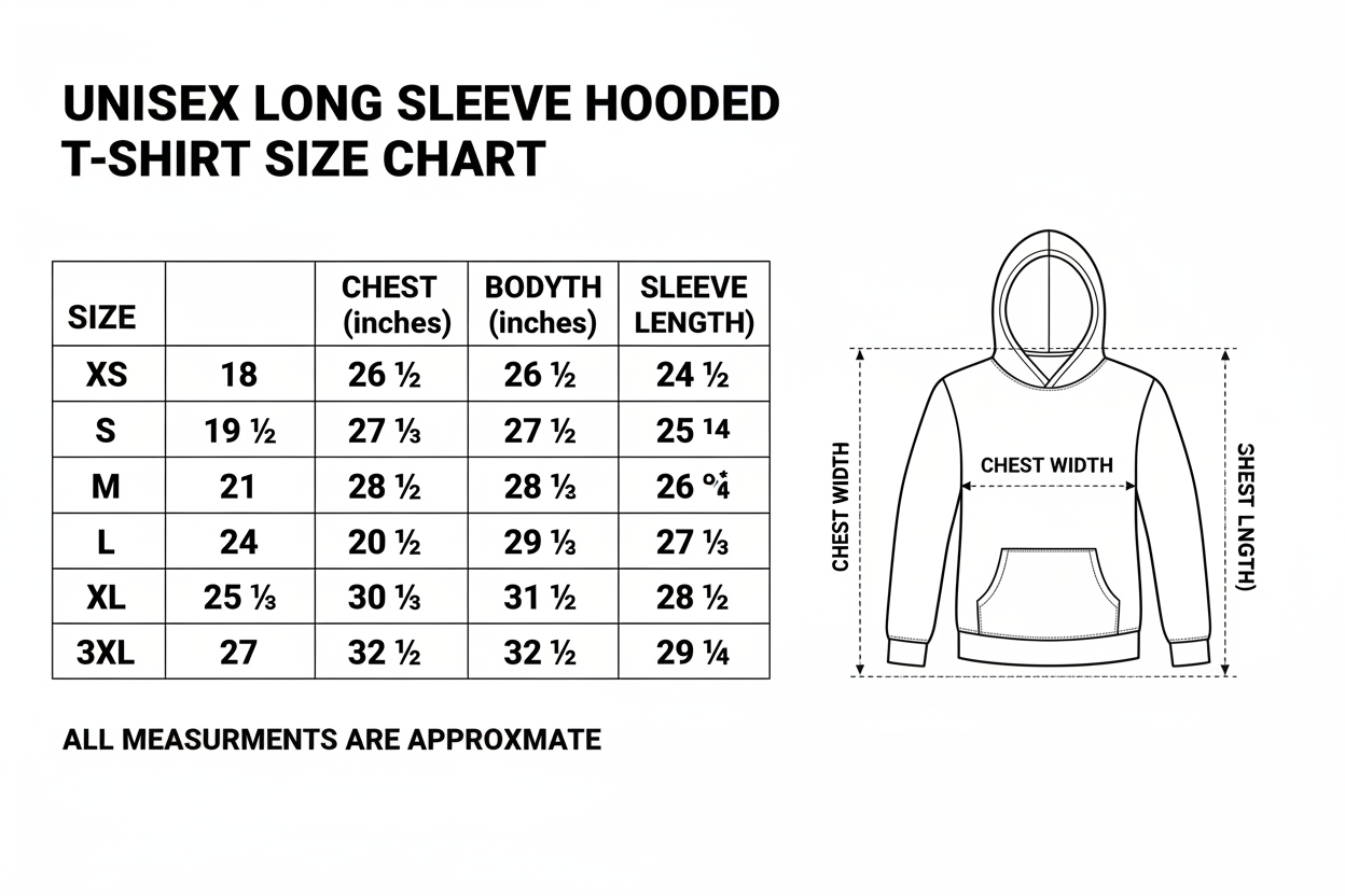 Long Sleeve Hoodie Tee Size Chart