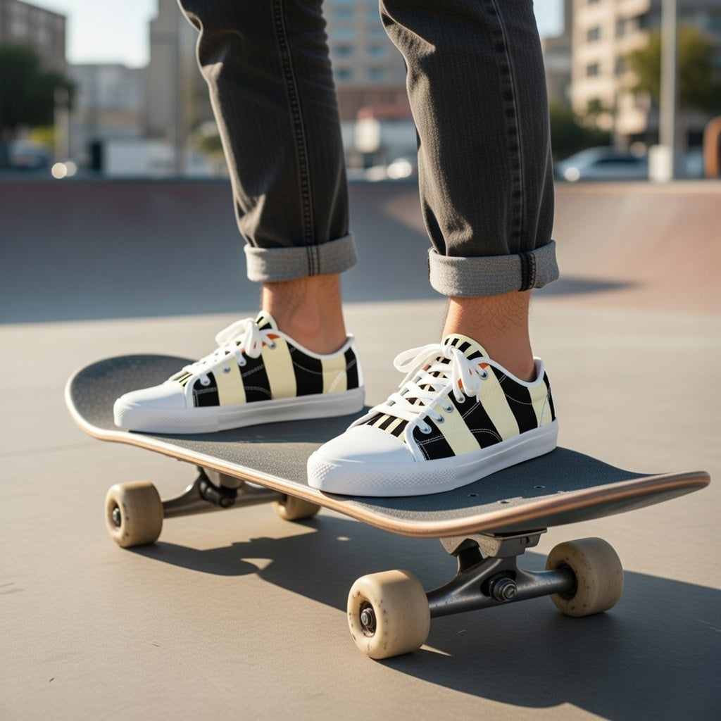 Solution Striped Low Top Sneakers — Black & Cream Retro Athletic Shoes